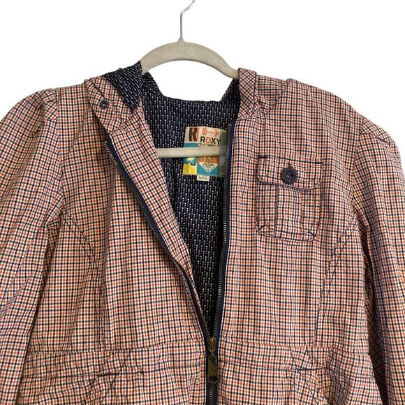 Womens Roxy White Pink Checked Preppy Hooded Full Zip Light Jacket Size Large - Picture 5 of 16
